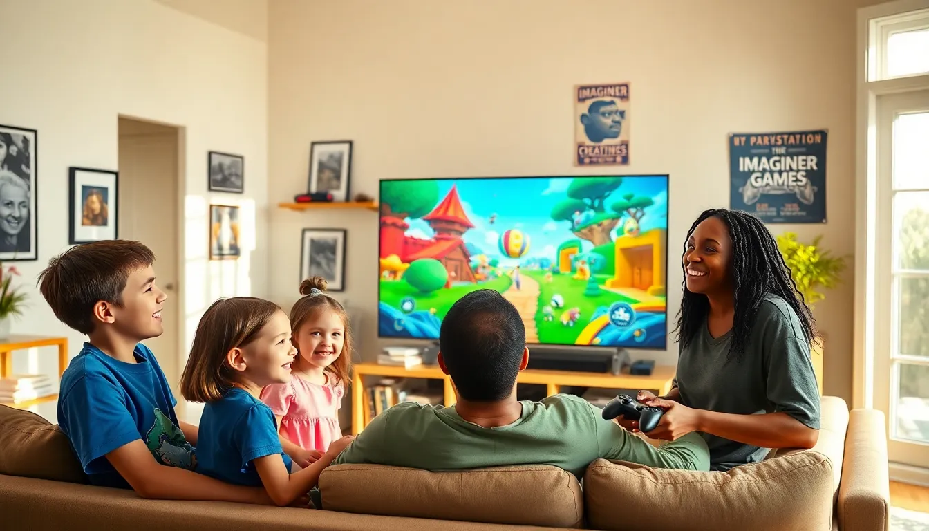 a family enjoying an interactive ImagineerGame on PlayStation in their living room.