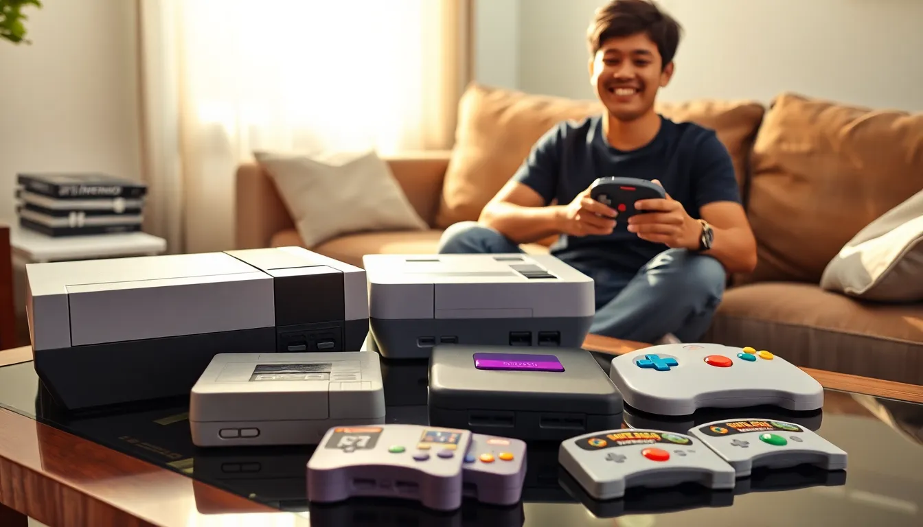 a gamer enjoying classic Nintendo consoles in a cozy living room.